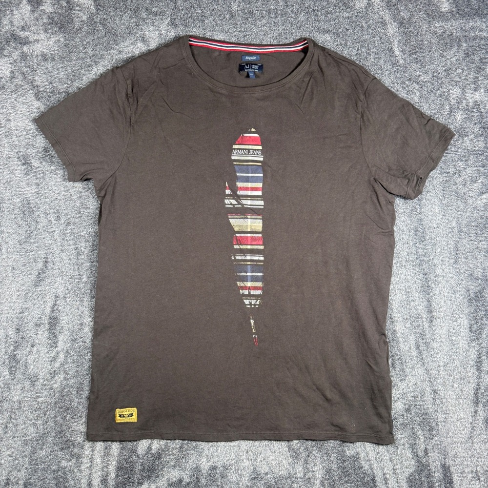Armani Jeans Mens XXL Brown Graphic Feather T-Shirt Regular Fit Cotton Tee